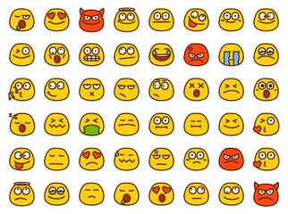 Wall Mural - Set of emoticons showing different emotions in cartoon style isolated on white background.