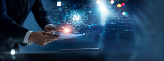 Fototapete - AI Technology. Businessman touch brain working data and Algorithm of Artificial Intelligence in the future business and coding software development synchronize network connection, Data science.