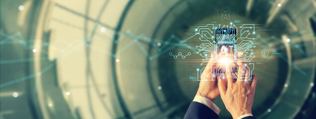 Fototapete - Businessman touching of circuit data and Algorithm of Artificial Intelligence (AI) in the futuristic business and coding software development and synchronize network connection, Data science.