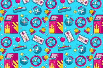 Retro game. Arcade game machine, joy stick, gun control, pocket console and steering wheel controller icon pattern