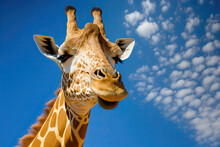 Close Up Of Large Common Giraffe On The Summer Blue Sky. Wild African Animal. Post-processed Digital AI Art