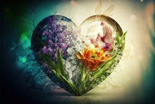 Floral Love Hearts Shape Backgorund. Love Art  Background Illustration. Generative Ai
