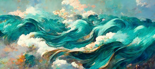 beautiful turquoise ocean water texture sunlight reflected on the waves clouds in motion wind blue aqua vibrant bright monet style James Jean Style 
