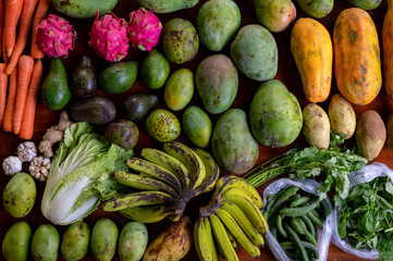 Set of Balinese fruits and vegetables . Flat lay