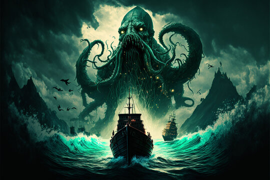 fantasy scene showing Cthulhu the giant sea monster destroying ships, Generative AI	