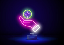 Neon Tennis Club Logo. A Hand And A Ball Playing Tennis Bright Glowing Simple Linear Illustration On A Stand