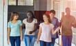 © jovannig - Happy multi ethnic group  of teenagers at school walking in the hallway. Happiness and lightheartedness concept