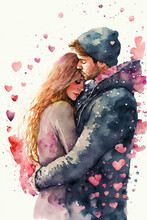 Couple In Love Hugging And Kissing. Young Love. Ai Generated. Watercolor Illustration Of Kissing And Hugging Couple Surrounded By Hearts. Romantic Date. Valentine's Day Card