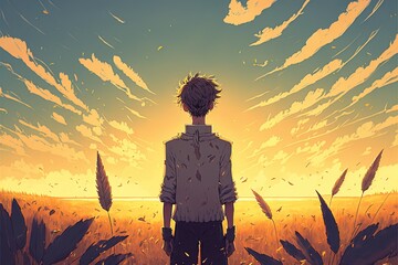 a classic beautiful boy standing in the field of style .illustration. anime. Digital painting art. digital painting style. generative AI