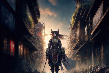 Poster - Women samurai with swords walk in the fantasy town and magical sky with a moon. illustration. anime. Digital painting art. digital painting style. generative AI