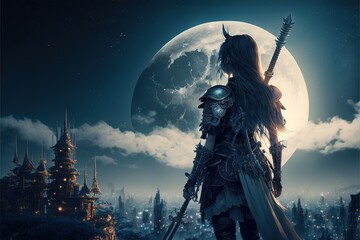 Poster - Women samurai with swords walk in the fantasy town and magical sky with a moon. illustration. anime. Digital painting art. digital painting style. generative AI