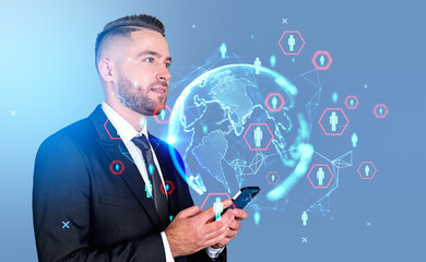 Poster - Businessman using phone, earth sphere and social network