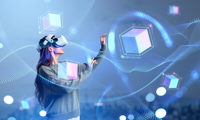 Wall Mural - Young woman in vr glasses touching data blocks in cyberspace, me