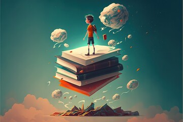 Boy standing on the opened book and looking at the flying papers. illustration. anime. Digital painting art. digital painting style. generative AI