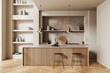 Leinwandbild Motiv Light kitchen interior with bar countertop and cooking zone with decoration