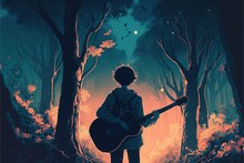 Sad Man Playing Guitar Alone Un A Forest Under Tree. Illustration. Anime. Digital Painting Art. Digital Painting Style. Generative AI