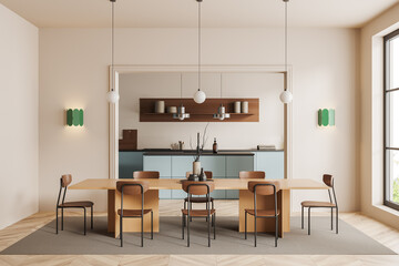 Light kitchen interior with eating table and cooking area, panoramic window