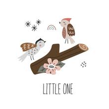 Vector Illustration With Cute Birds In Scandinavian Style On A White Background For Your Design