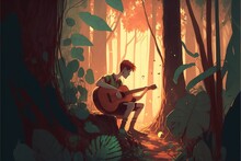 Sad Man Playing Guitar Alone Un A Forest Under Tree. Illustration. Anime. Digital Painting Art. Digital Painting Style. Generative AI