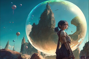 Poster - Young girl with the magic balls in the fantasy world. illustration. anime. Digital painting art. digital painting style. generative AI