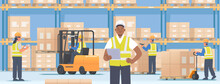 Warehouse Interior With Workers On The Background Of Racks With Boxes Of Goods On Pallets. Forklift Operator, Manager, Movers
