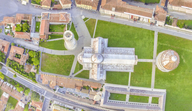 Downward aerial view of Square of Miracles, Pisa. Piazza del Duomo from drone, Italy