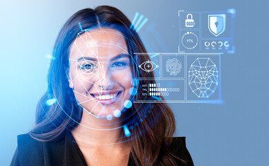 Poster - smiling businesswoman watching at digital interface with facial
