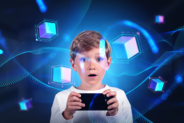 Wall Mural - Kid boy with smartphone, data blocks in cyberspace, metaverse an