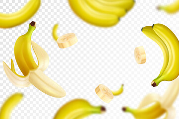 Wall Mural - banana background. flying bananas are peeled and banana bunches. unfocused and blurry effect. can be