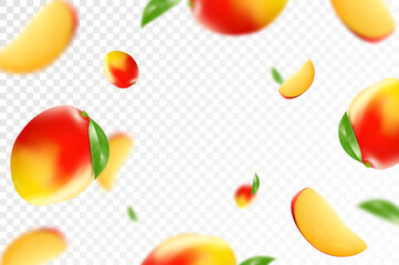 Wall Mural - mango background. flying mango with green leaves and slices of mango fruits. blurry effect. can be u