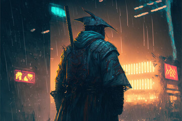 Wall Mural - futuristic samurai standing on a building in cyberpunk city a rainy night, Generative AI