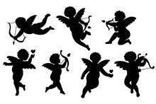 Collection Of Vector Cupids For Valentine's Day, Wedding. Outline Silhouette Angels With Wings, Bows. Line Symbol Of Love