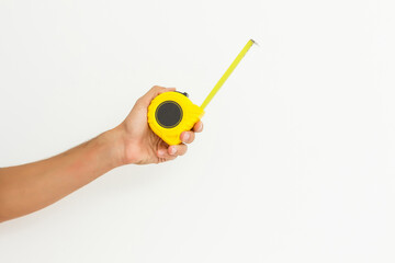 human hand with tape-measure isolated on white