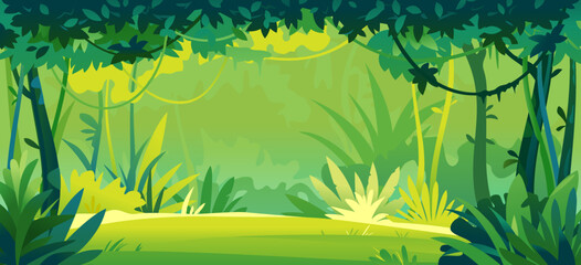 Small sunny lawn in wild jungle forest with trees, bushes and lianas, nature landscape with green jungle foliage and exotic plants growing on ground, tropical plants on sunny day