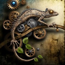 Steam Punk Chameleon With Copper Gears On A Metal Background, Generative Ai