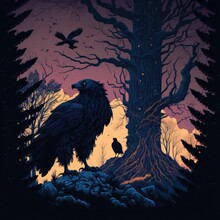 Halloween Theme,  Crow In The Dark Fantasy Forest, Generative AI