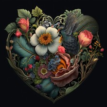 Heart Shaped Floral Composition. Romantic Elegant Illustration. Generative AI Art