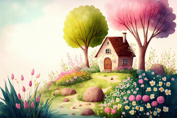 Nature. Cute watercolor illustration of landscape natural background, village, forest and trees. Drawings from the hand of summer and spring. Generative ai