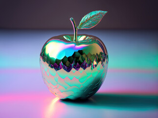 3d holographic metallic reflective apple, generative ai