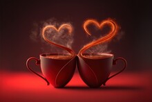 Cups Of Tea Or Coffee With Steam In Two Heart Shape