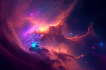 Wall Mural - Glowing huge nebula with young stars. Space background, 3d illustration. Generating Ai.