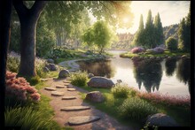 Beautiful Colorful Summer Spring Natural Landscape With A Lake In Park Surrounded By Green Foliage Of Trees In Sunlight And Stone Path In Foreground. Generative AI.