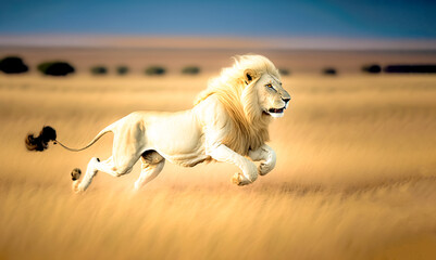 Wall Mural - magnificent white lion running through the savannah wildlife, wildlife animal, digital art, generati