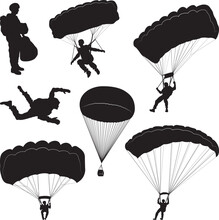 Set Of Skydivers, Parachuting Silhouettes. Vector Image
