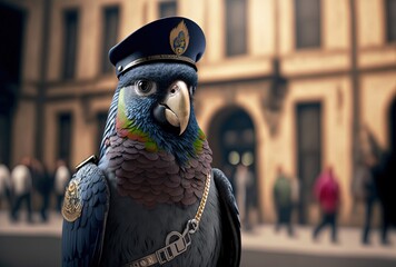 Wall Mural - character design illustration of a parrot wearing police officer uniform with urban cityscape background Generative Ai	