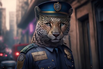 Wall Mural - character design illustration of a leopard wearing police officer uniform with urban cityscape background Generative Ai	