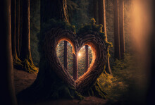Heart-shaped Tree Carving In A Grand Forest, With Warm Light Shining From Within. The Background Is Blurred And Dark, With The Warm Light Of The Carving Standing Out In Contrast.