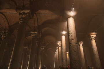 Byzantine or Rome architecture. Vaults and columns of a historical building