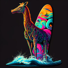 Wall Mural - Colorful giraffe with surfboard. AI generative.