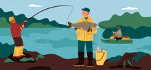 Happy People On Fishing Trip. Fishermen Cast Rods Pull Out Carp. Man Catching Perch. Outdoor Summer Activity. Work And Hobby. River Or Lake Landscape. Fisher In Boat. Garish Vector Concept